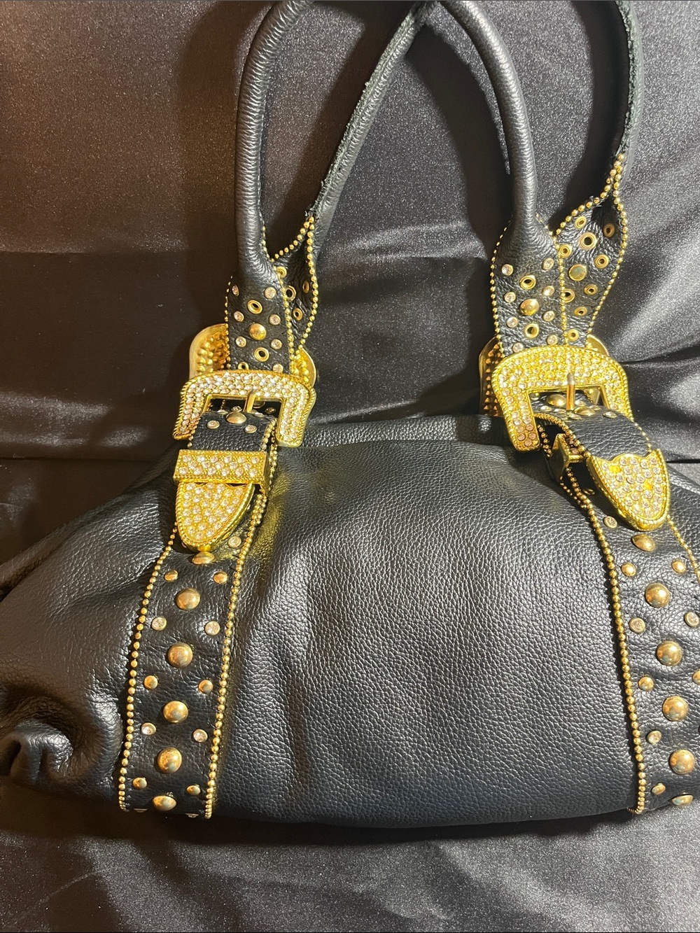 Charm and Luck Y2K Black Shoulder Leather Bag with Gold Studs and Buckle Detail